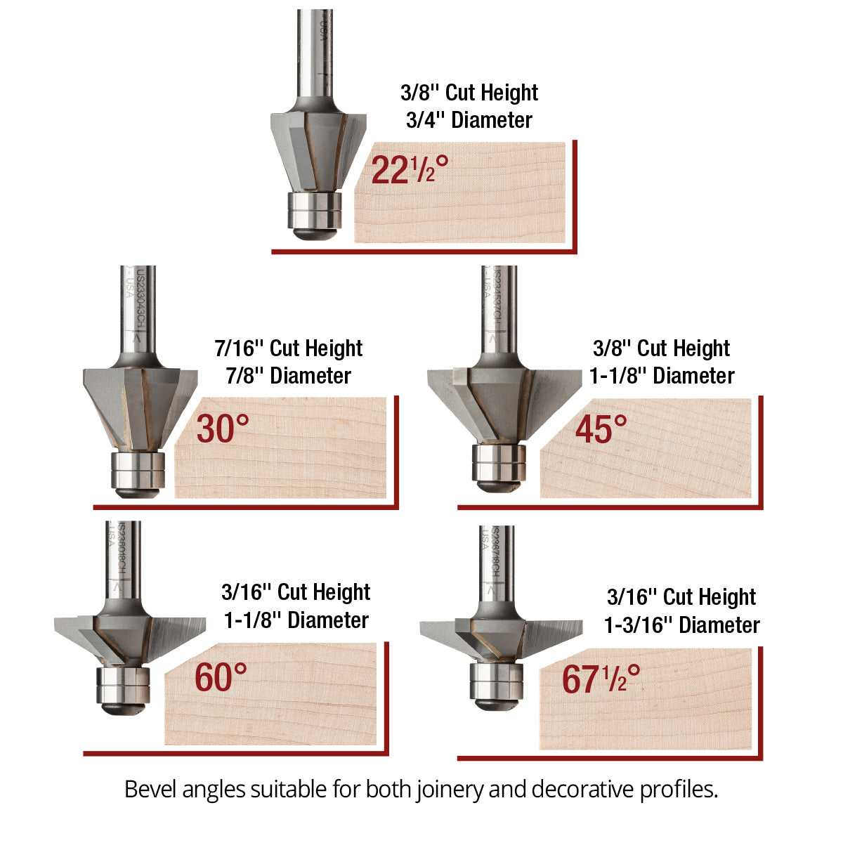 Carbide Tipped Double Bearing Chamfer Bit, 2-Flute and 3-Flute, 1/4" Shank Open Box