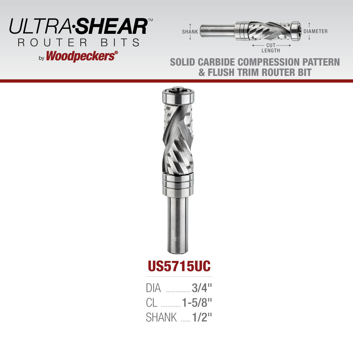 Compression Combination Pattern & Flush Trim Router Bit - 1/2 Shank - Solid Carbide