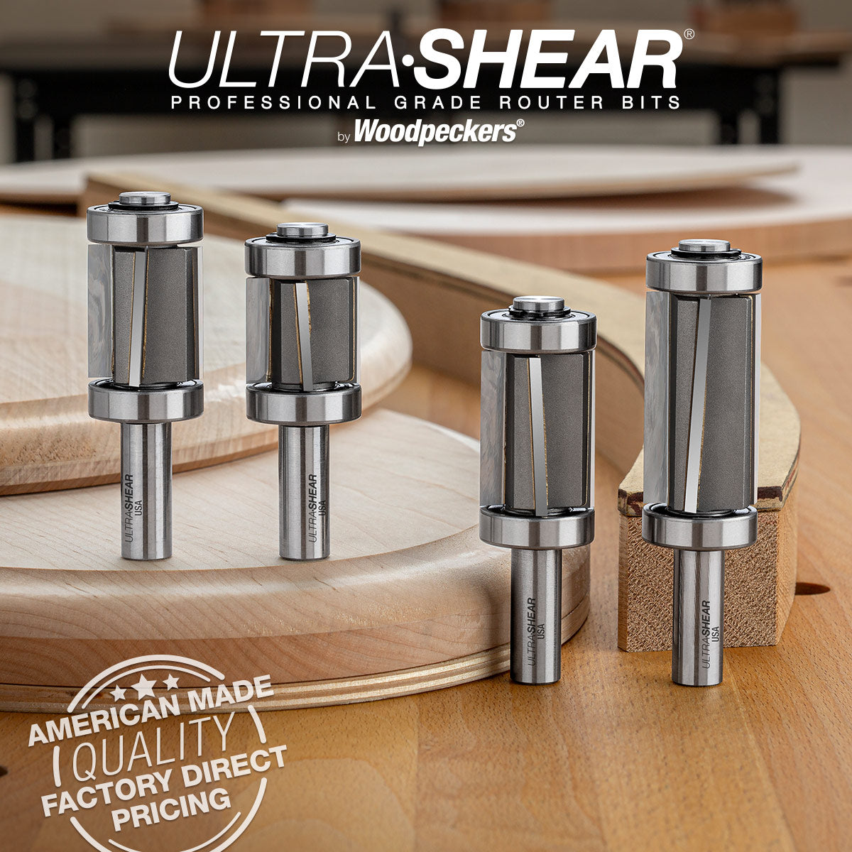Alternating Shear Pattern & Flush Trim Router Bits - 4 Flute - Dual Bearing - Carbide Tipped - 1/2 Shank
