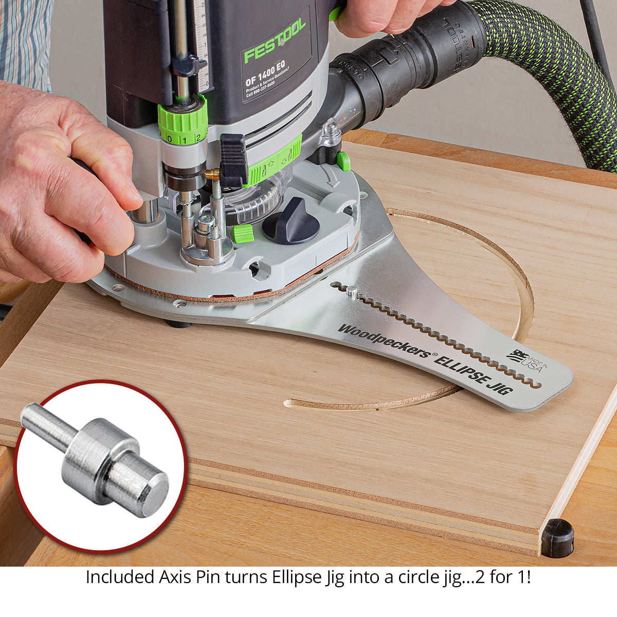 Ellipse Jig cutting circle with included axis pin. 