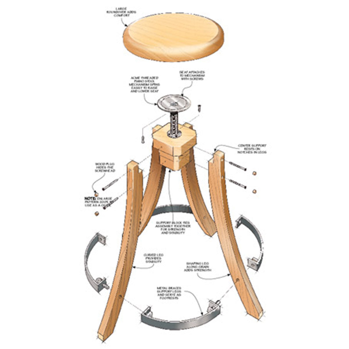 Woodsmith Swivel Shop Stool Standard Plan & Premium Shop Drawings