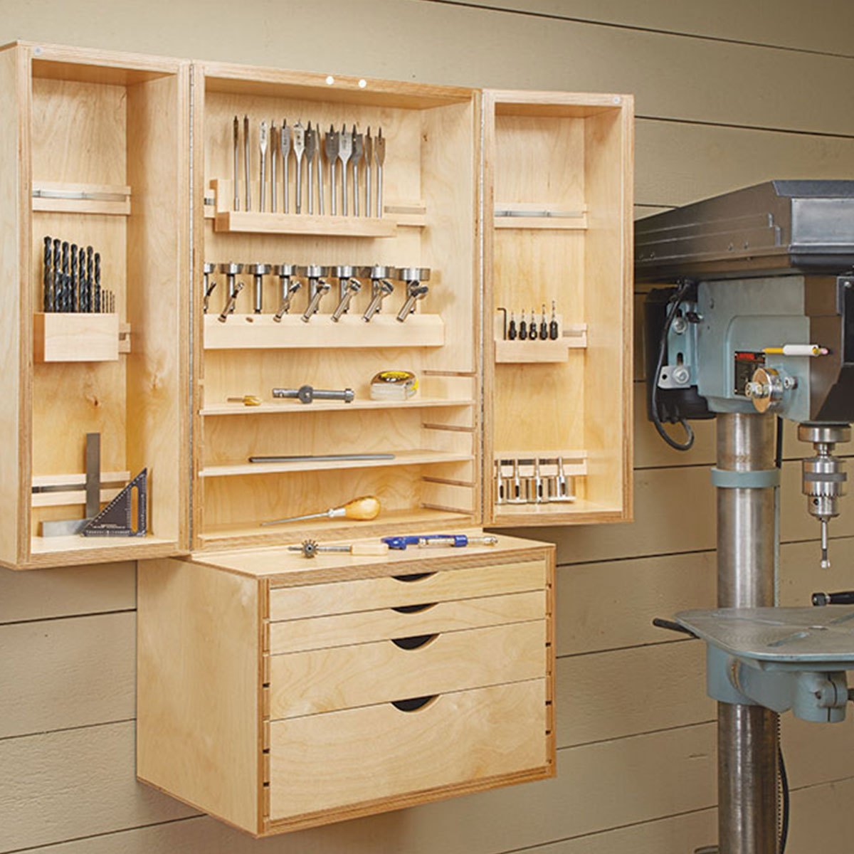 Woodsmith Drill Bit Storage Center Standard Plan & Premium Shop Drawings