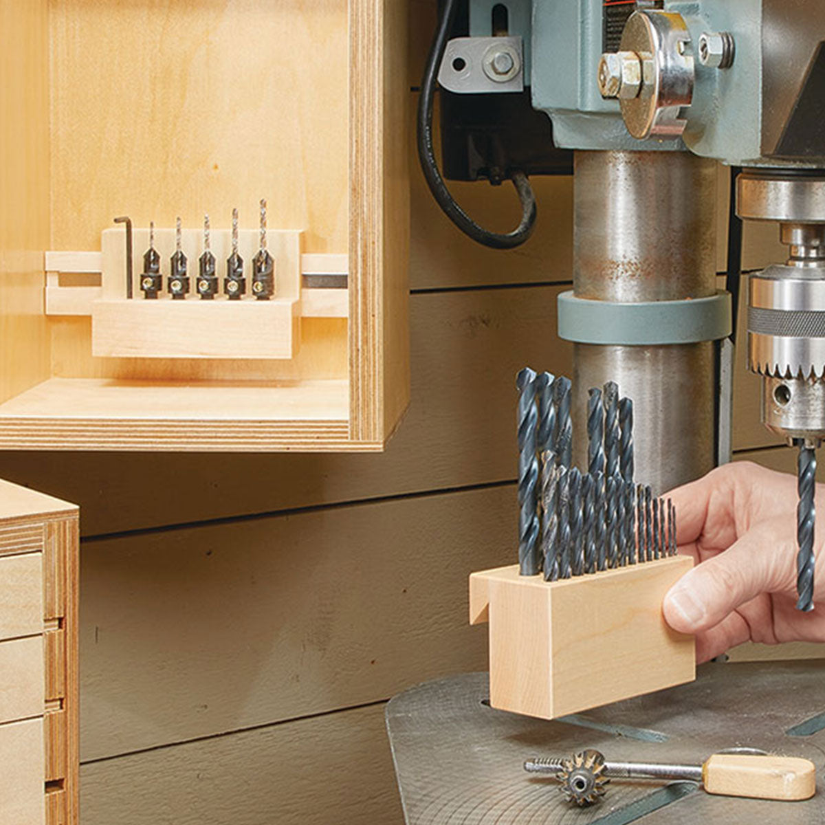 Woodsmith Drill Bit Storage Center Standard Plan & Premium Shop Drawings