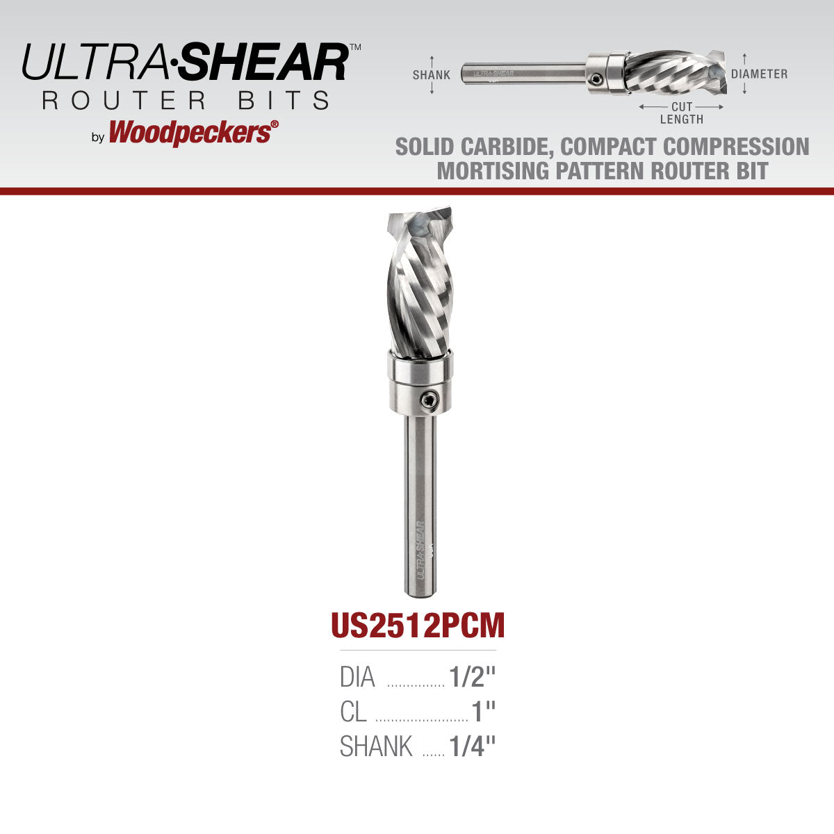 Compact Compression Pattern & Mortising Trim Router Bit - 1/4 Shank - Solid Carbide