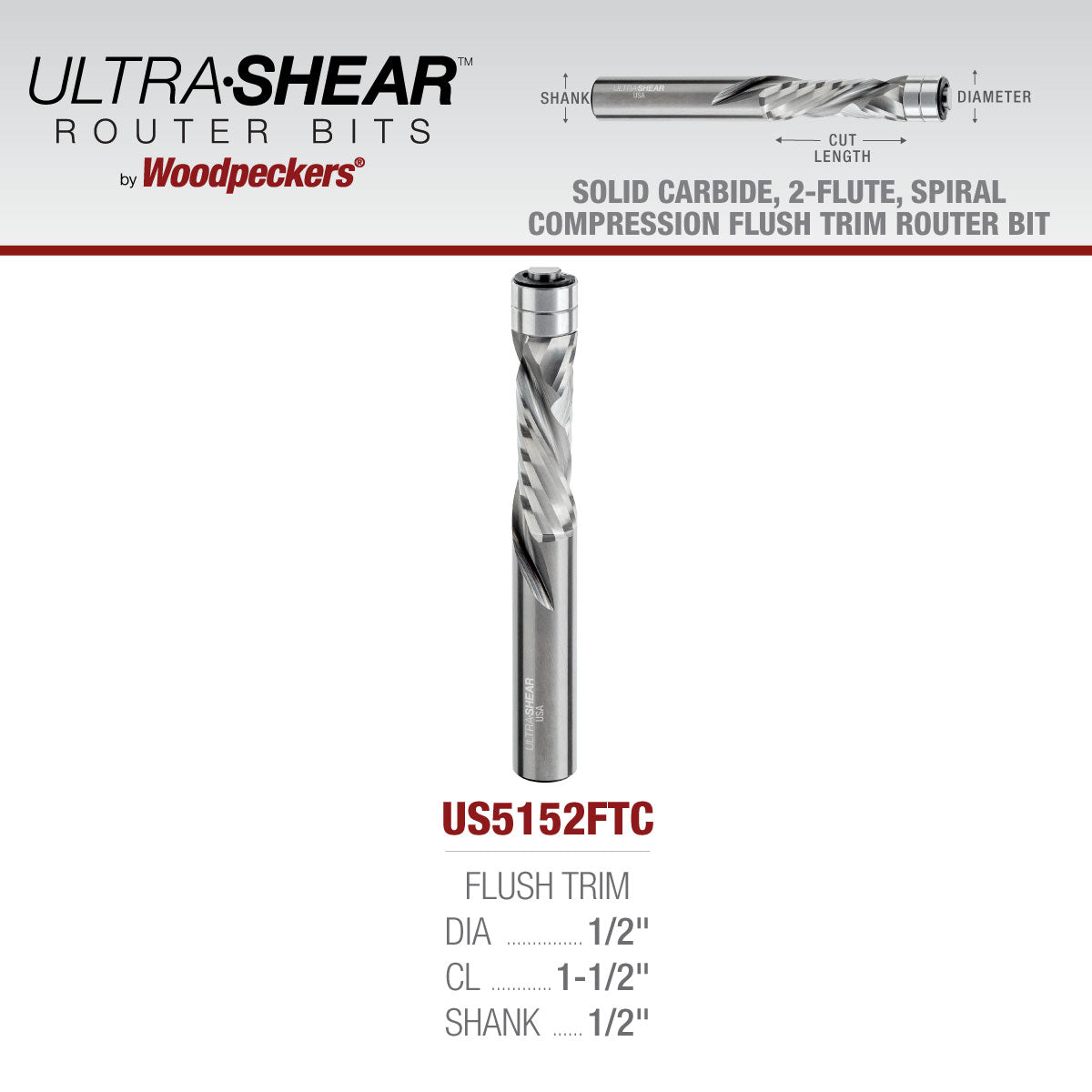 Compression Flush Trim Router Bits - 1/2 Shank - Solid Carbide