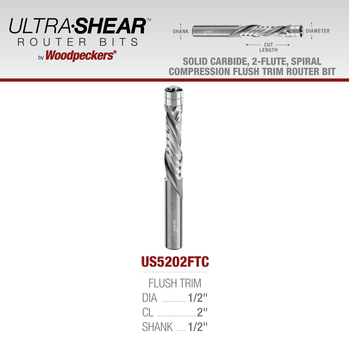 Compression Flush Trim Router Bits - 1/2 Shank - Solid Carbide