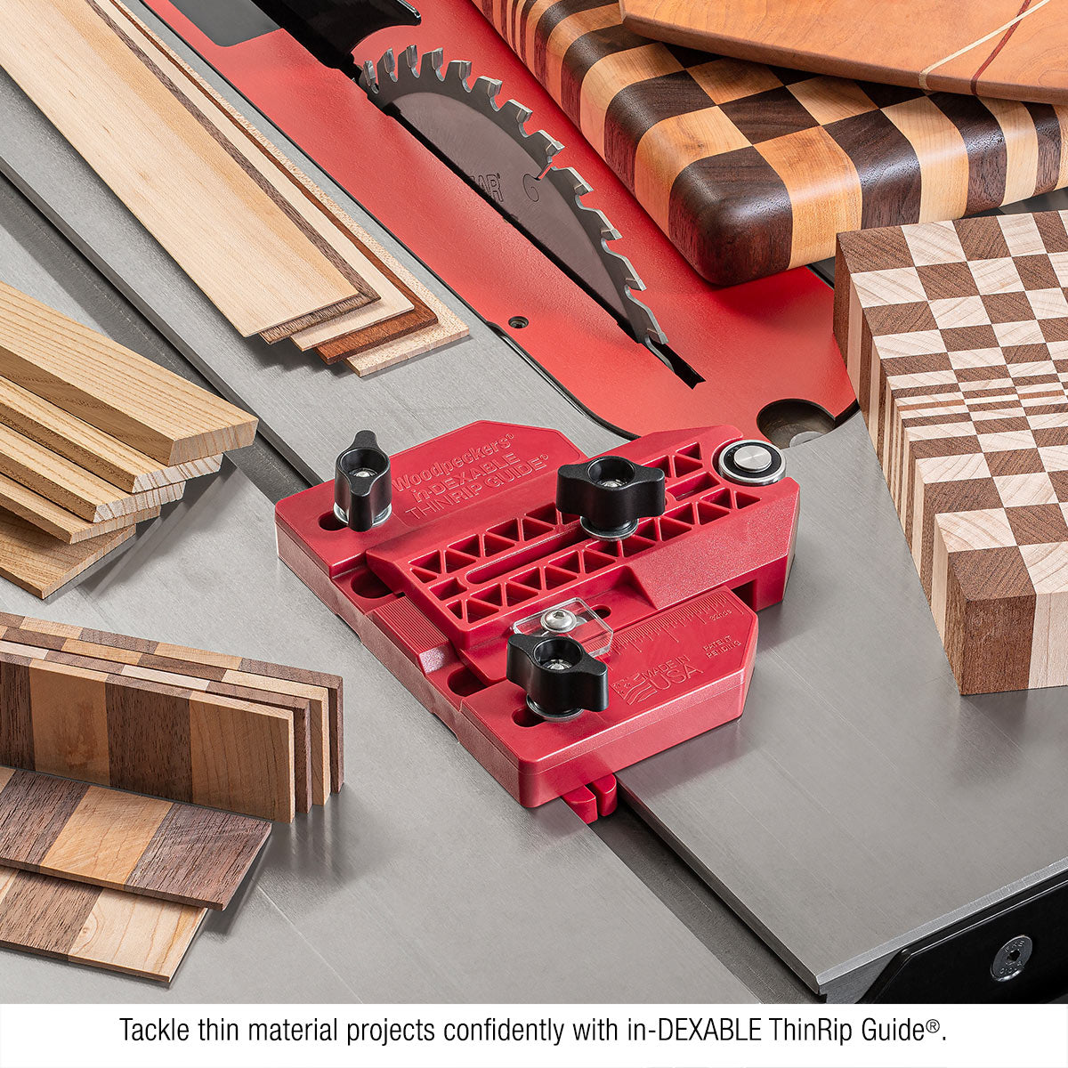 inDEXABLE ThinRip on table saw posed with samples of finished projects with thin strips. 
