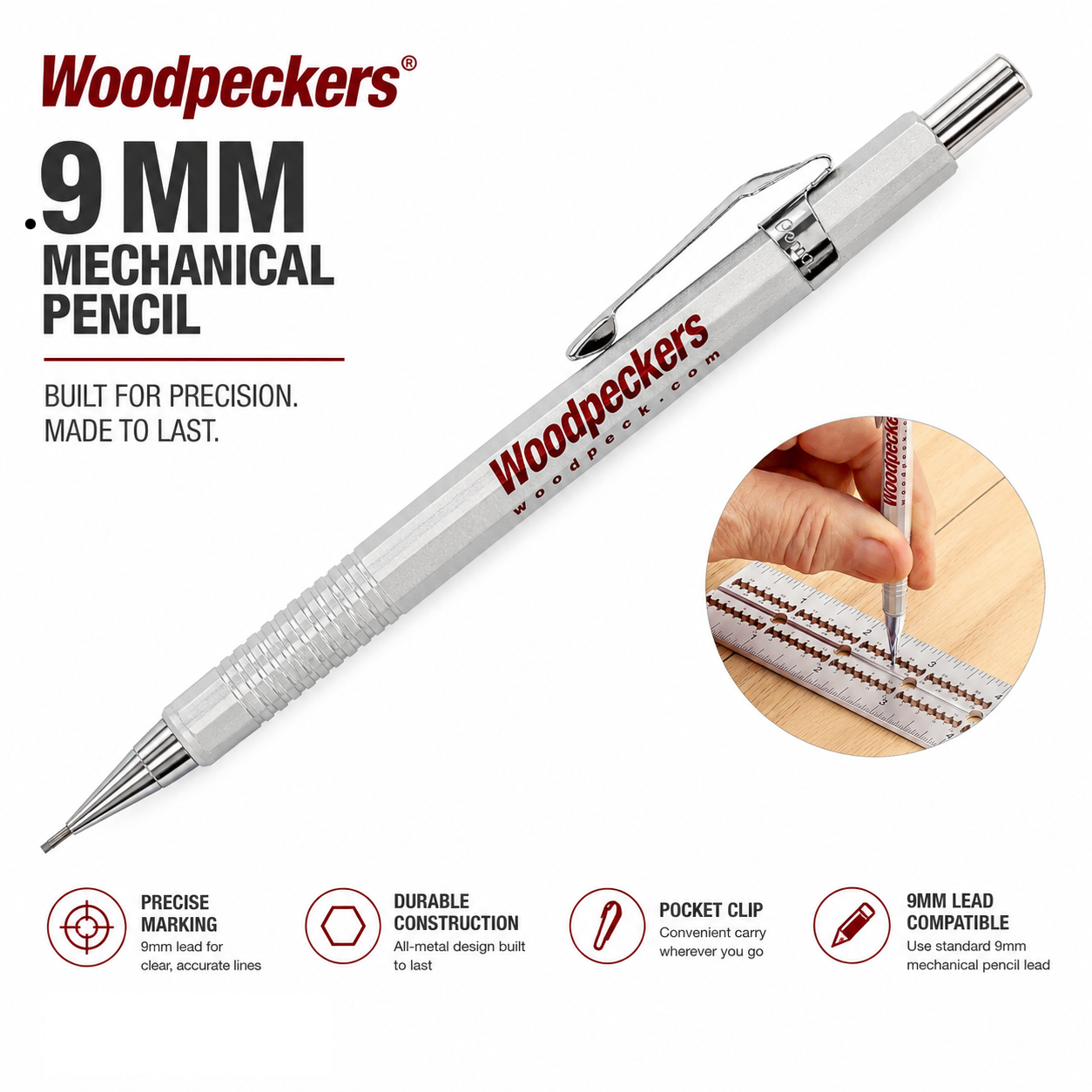 Woodpeckers 9 MM mechanical pencil with features highlighted on a white background