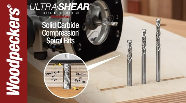 Load video: Ultra-Shear 1/4 Shank Solid Carbide Compression Router Bits Video