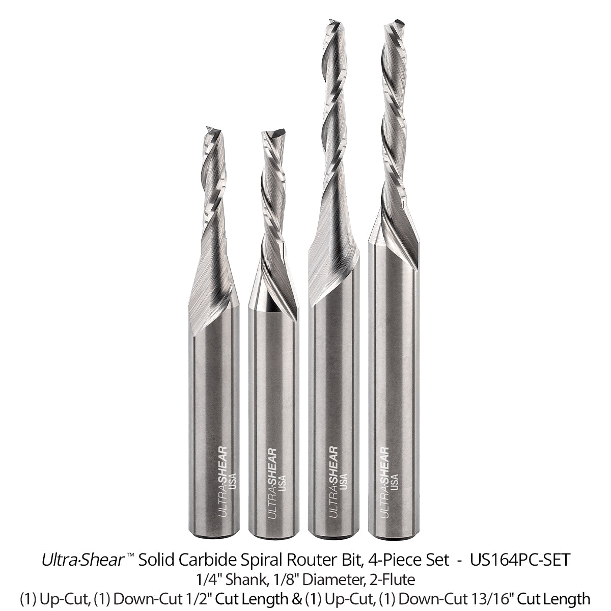 Reduced Diameter Spiral CNC Router Bits - Solid Carbide - 1/4 Shank - 2 Flute
