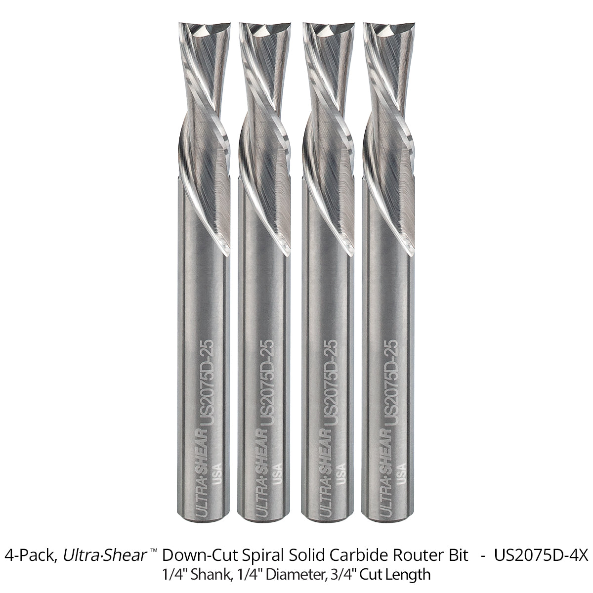Spiral CNC Router Bits - Solid Carbide - 1/4 Shank - 2 Flute