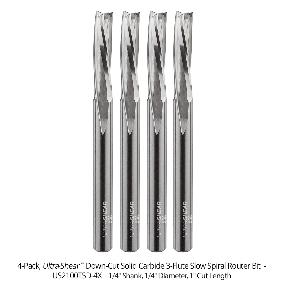 Slow Spiral CNC Router Bits - Solid Carbide - 1/4 Shank - 3 Flute