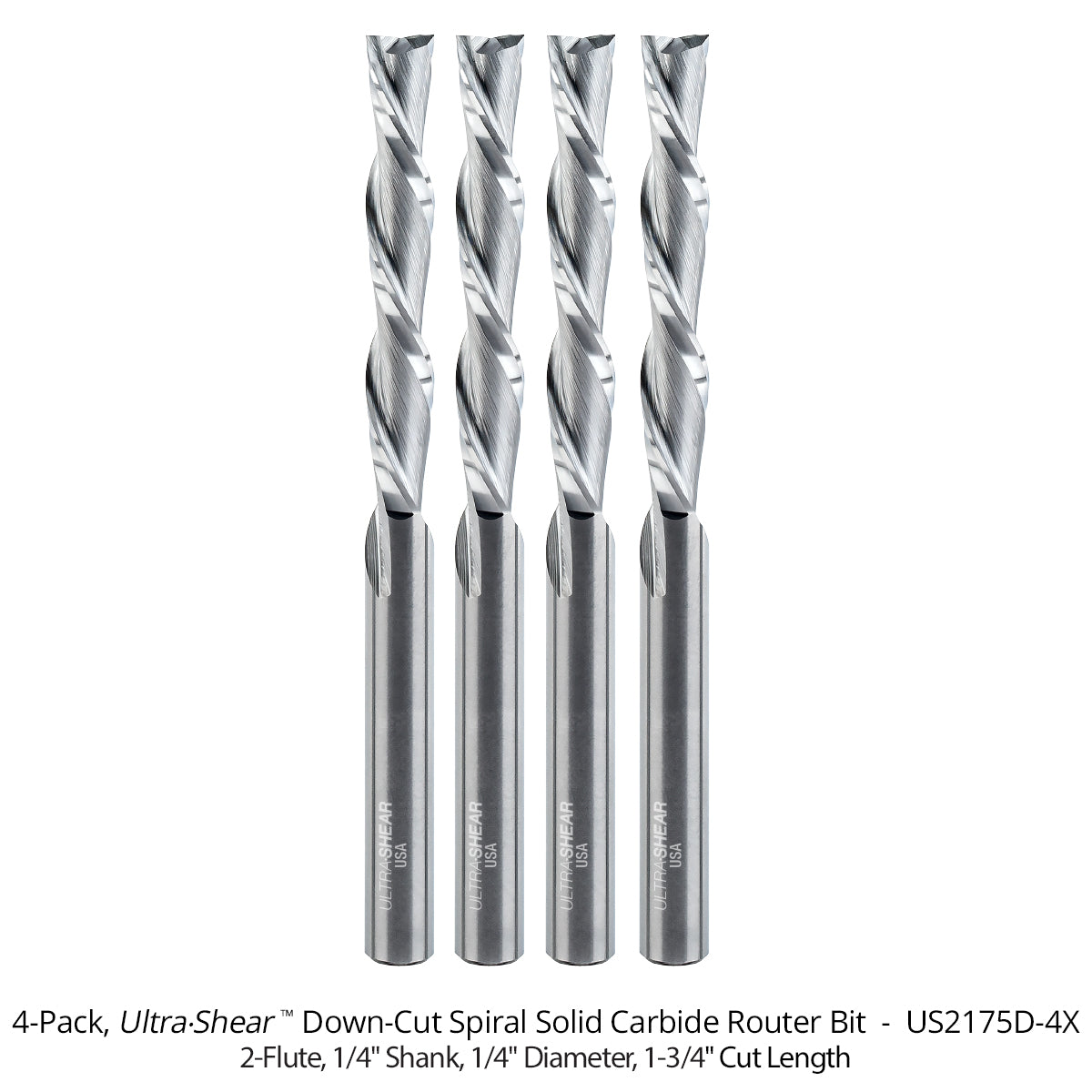 Spiral CNC Router Bits - Solid Carbide - 1/4 Shank - 2 Flute