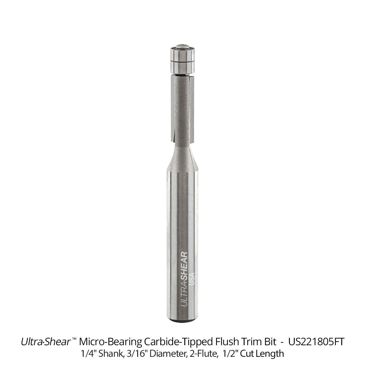 Micro Bearing Flush Trim Router Bits - 3/16 Diameter - 1/4 Shank - Carbide Tipped