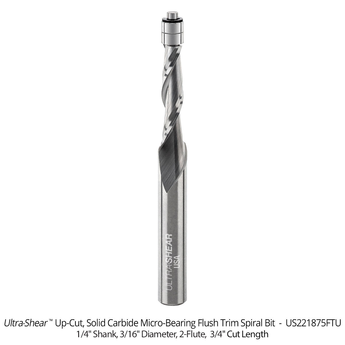 Micro Bearing Spiral Flush Trim Router Bits - 3/16 Diameter - 1/4 Shank - Solid Carbide