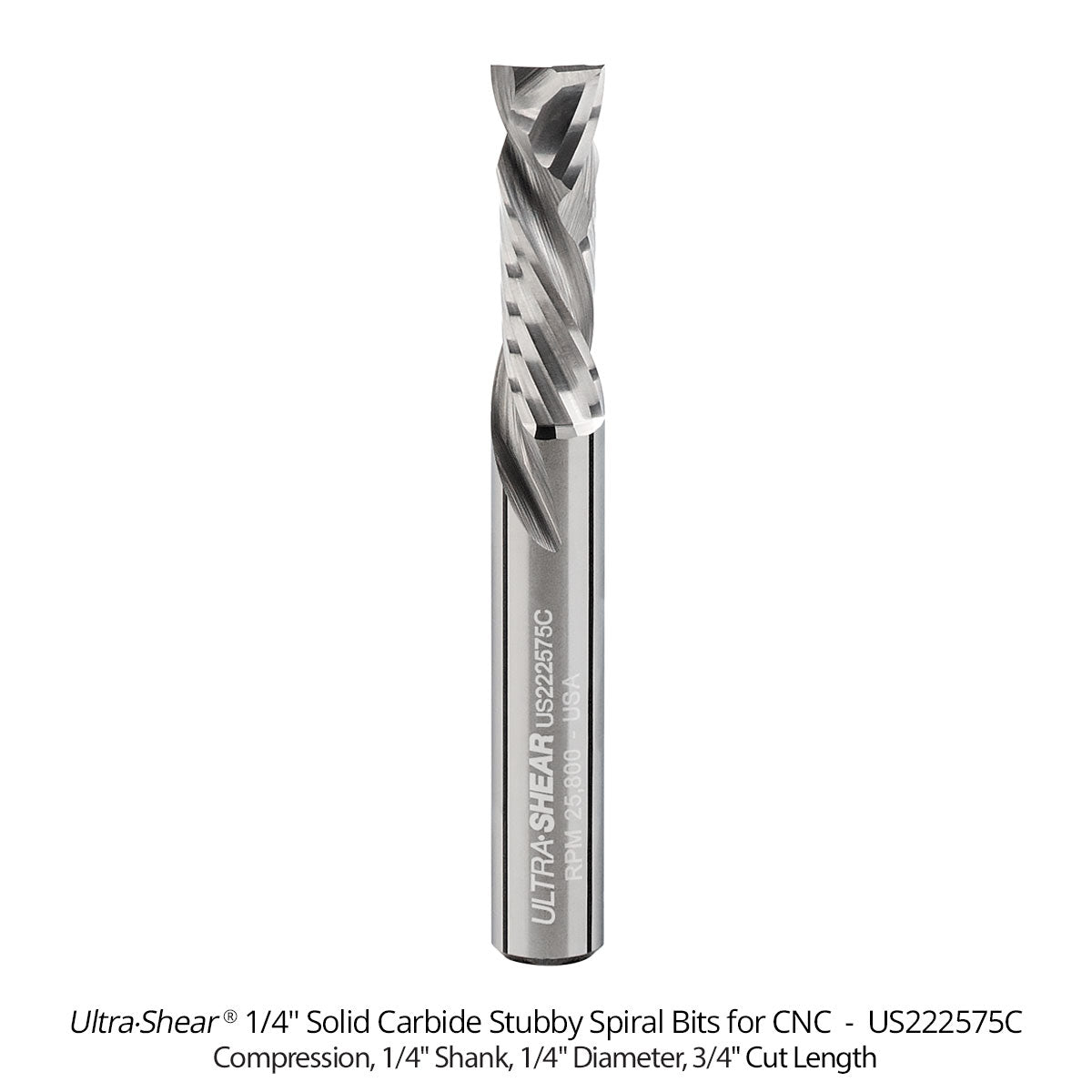 Spiral Stubby Square End CNC Router Bits - 1/4 Shank - Solid Carbide