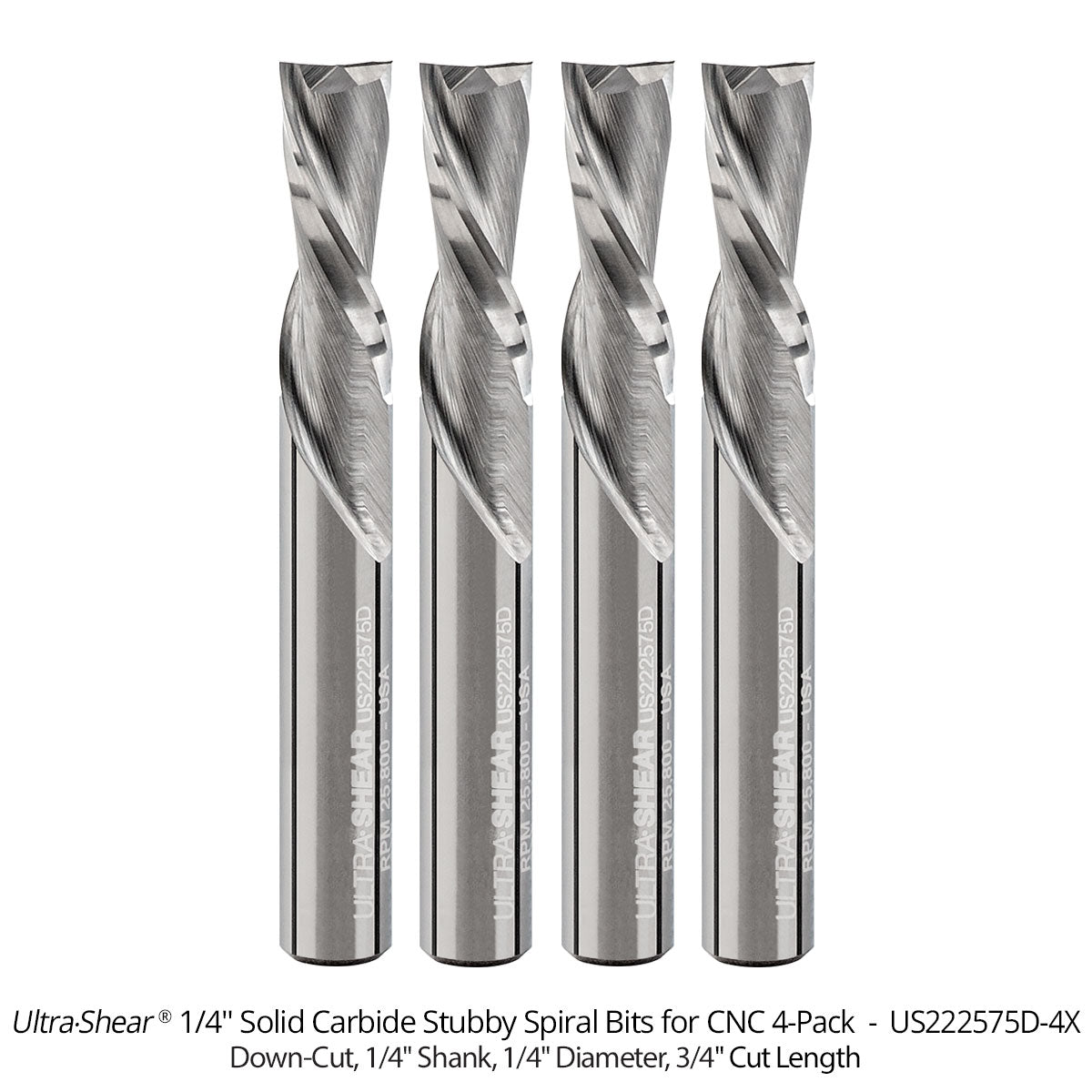 Spiral Stubby Square End CNC Router Bits - 1/4 Shank - Solid Carbide