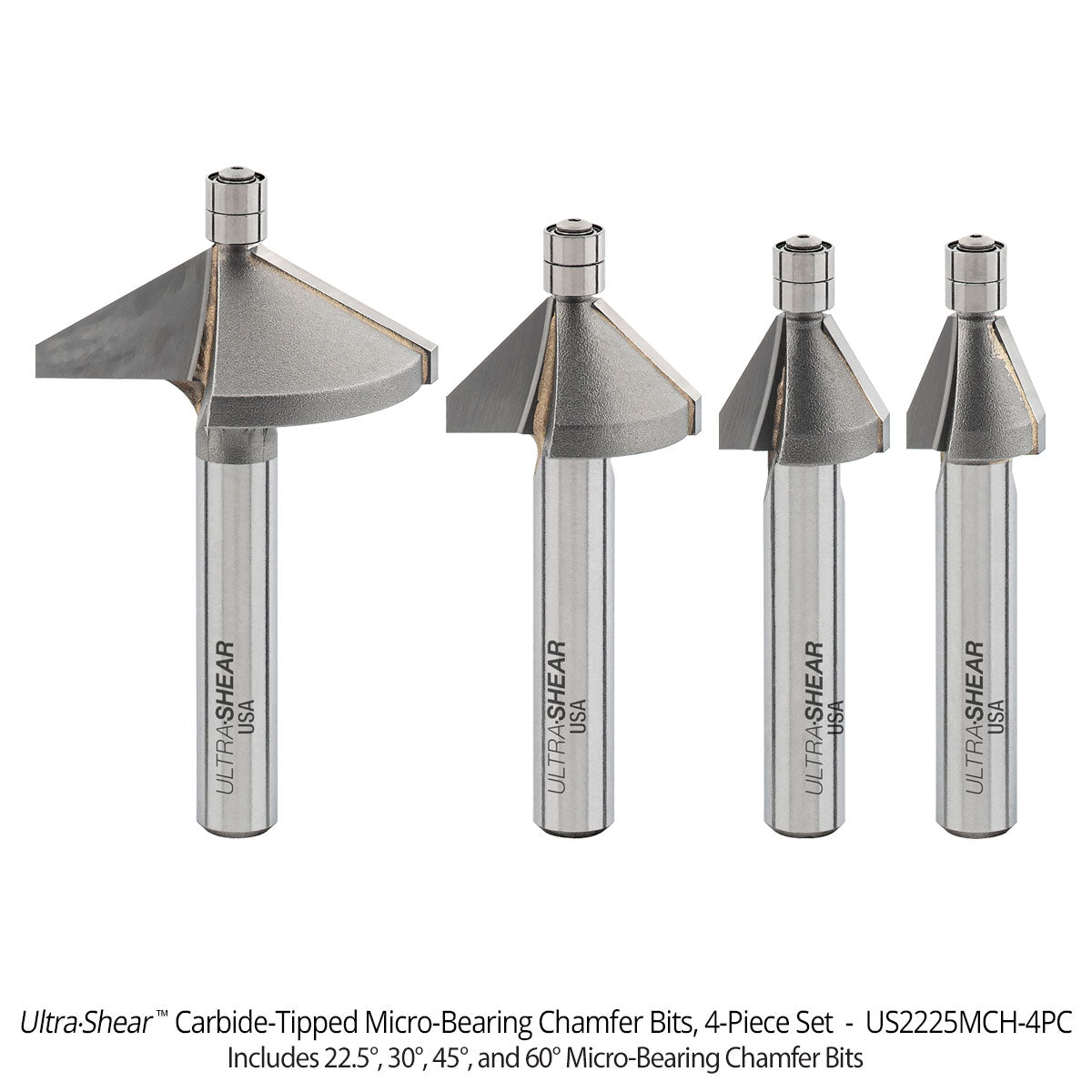 Micro Bearing Chamfer Router Bits - 3/16 Diameter - 1/4 Shank - Carbide Tipped
