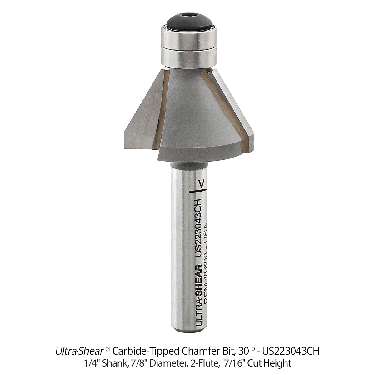 Carbide Tipped Double Bearing Chamfer Bit, 2-Flute and 3-Flute, 1/4" Shank