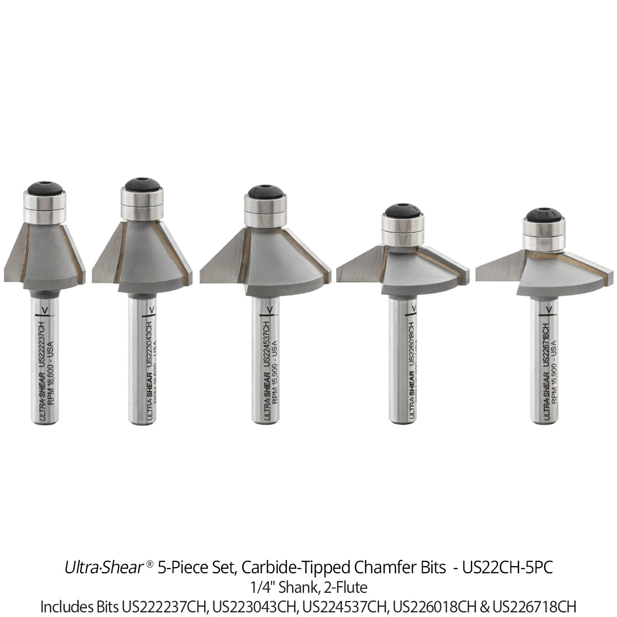 Carbide Tipped Double Bearing Chamfer Bit, 2-Flute and 3-Flute, 1/4" Shank