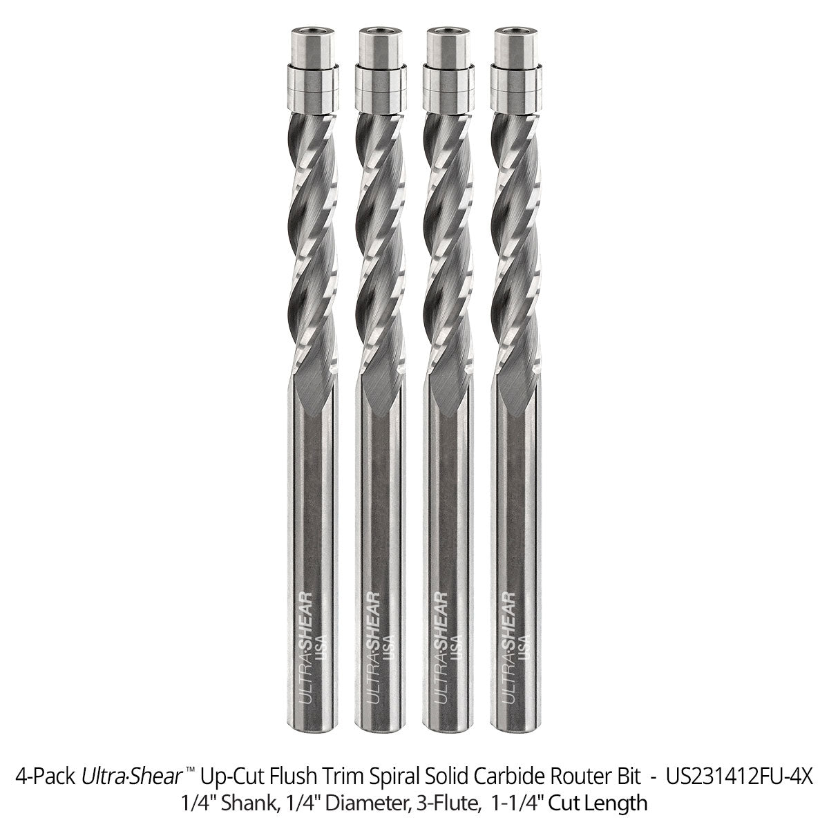 Flush Trim Router Bits - Solid Carbide - 1/4 Diameter - 3 Flute