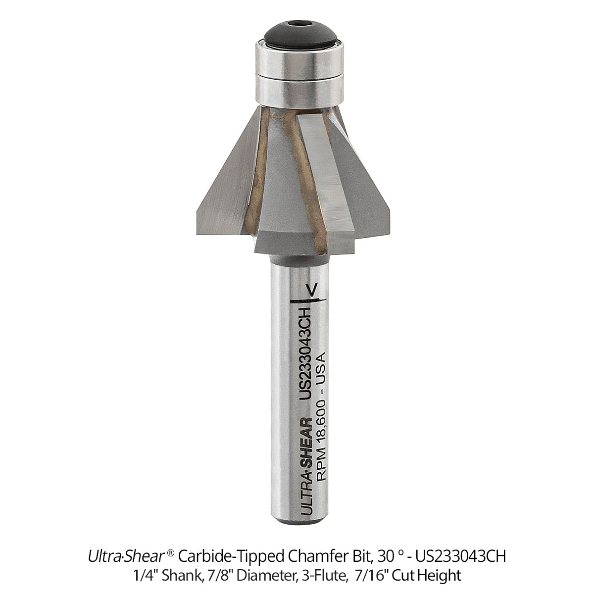 Carbide Tipped Double Bearing Chamfer Bit, 2-Flute and 3-Flute, 1/4" Shank