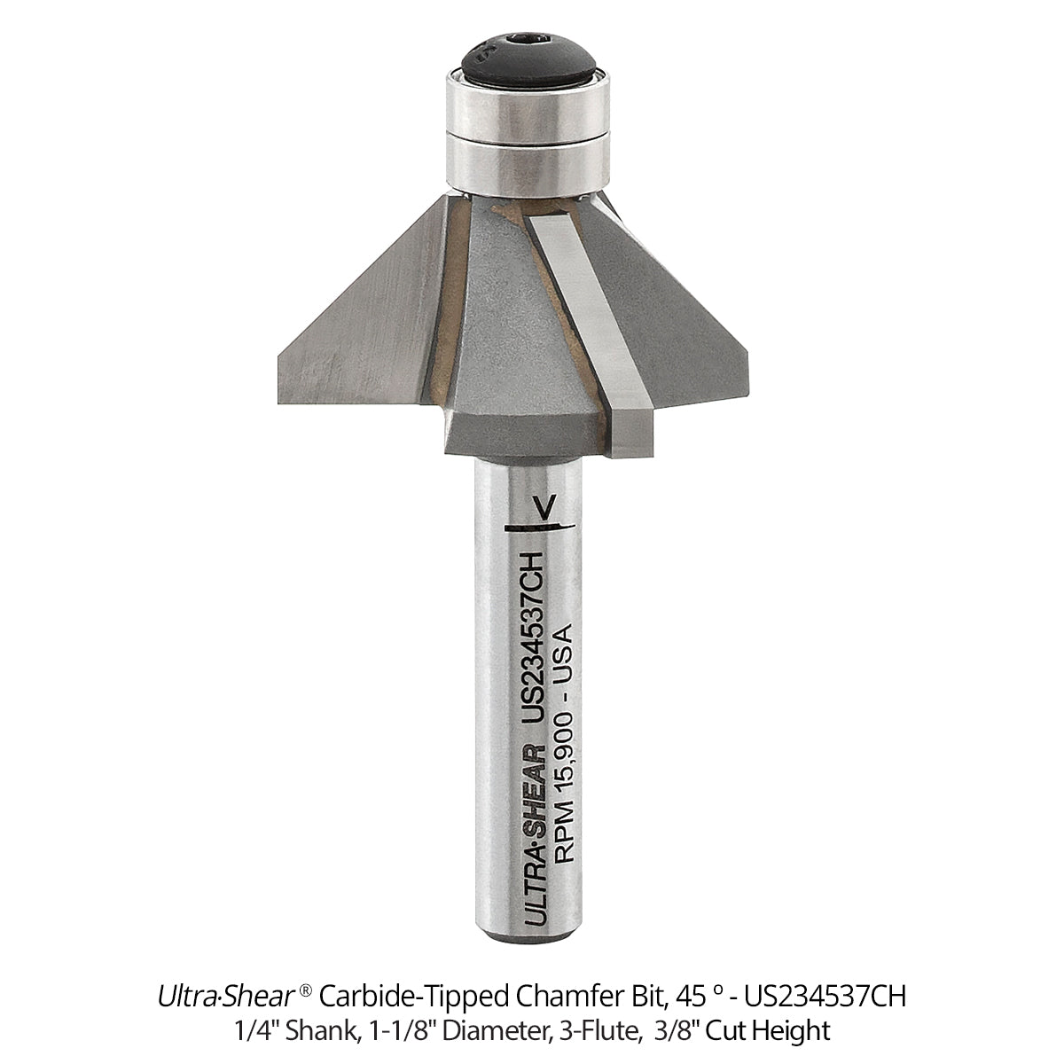 Carbide Tipped Double Bearing Chamfer Bit, 2-Flute and 3-Flute, 1/4" Shank