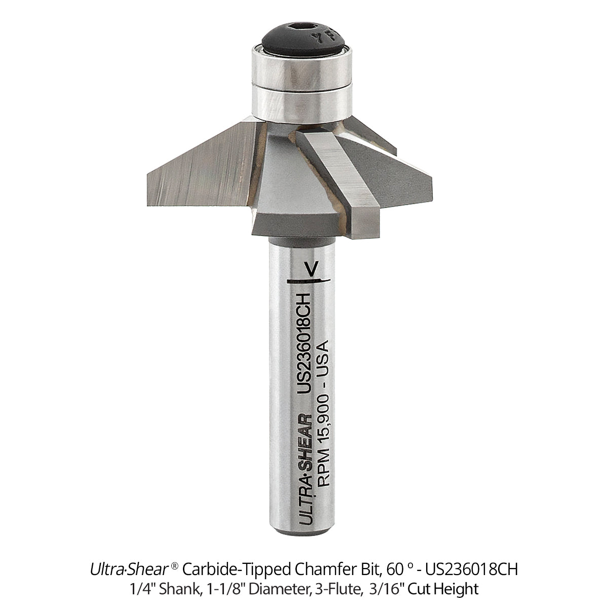 Carbide Tipped Double Bearing Chamfer Bit, 2-Flute and 3-Flute, 1/4" Shank
