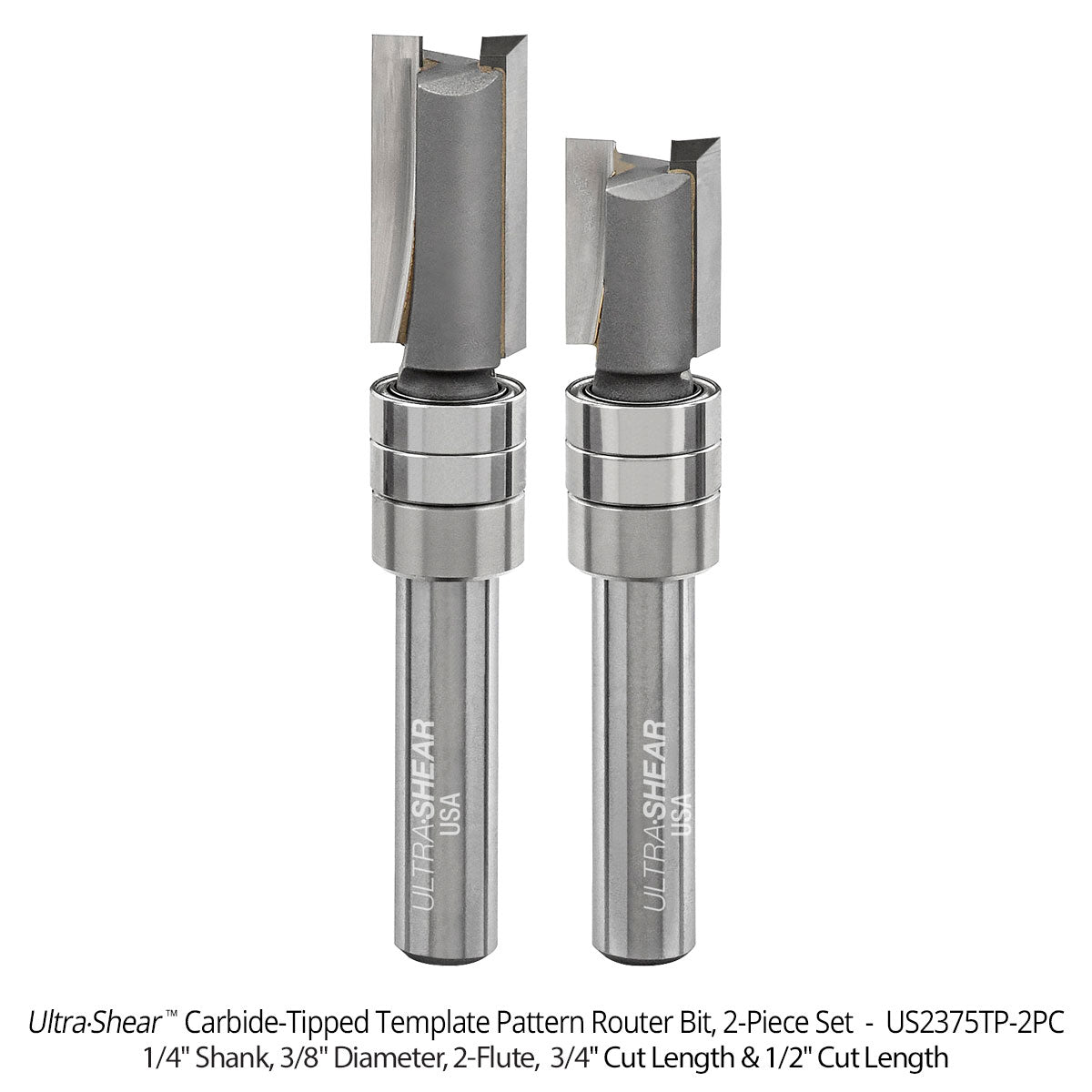 Template Pattern Router Bits - Carbide Tipped - 1/4 Shank - 3/8 Diameter - 2 Flute