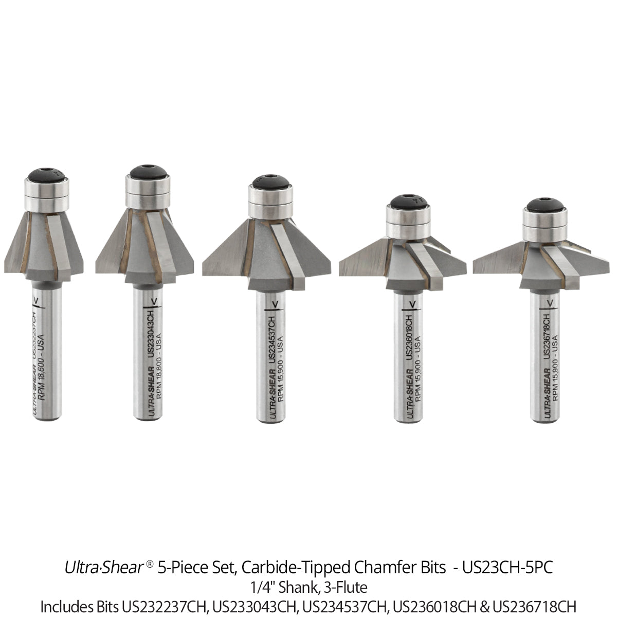 Carbide Tipped Double Bearing Chamfer Bit, 2-Flute and 3-Flute, 1/4" Shank