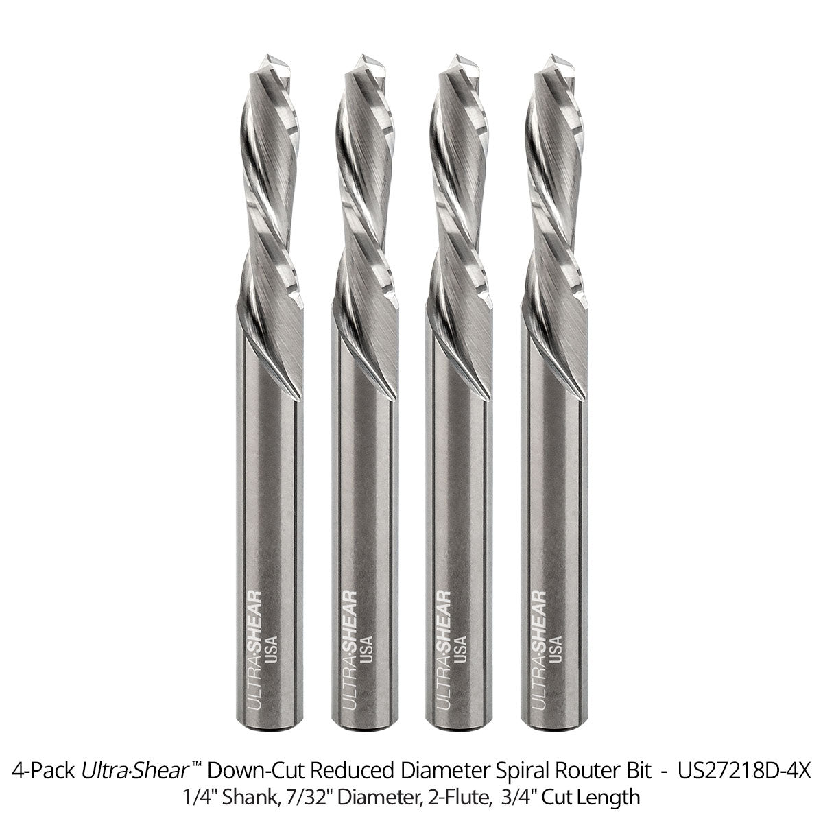 Reduced Diameter Spiral CNC Router Bits - Solid Carbide - 1/4 Shank - 2 Flute