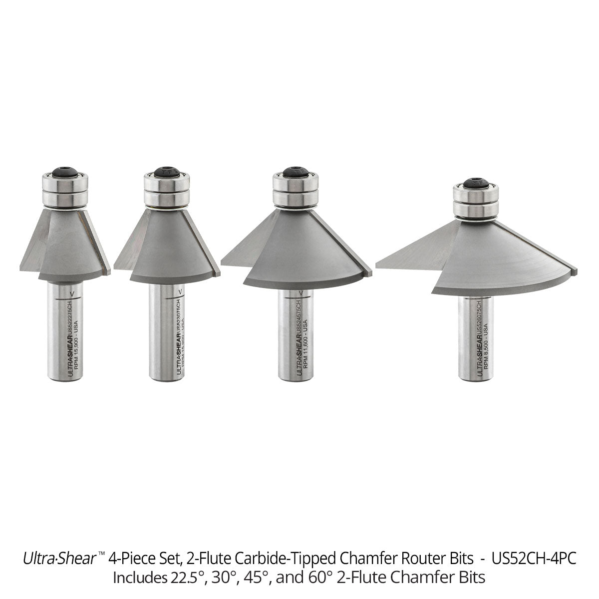 Chamfer Router Bits - 1/2 Shank - Carbide Tipped - Double Bearing