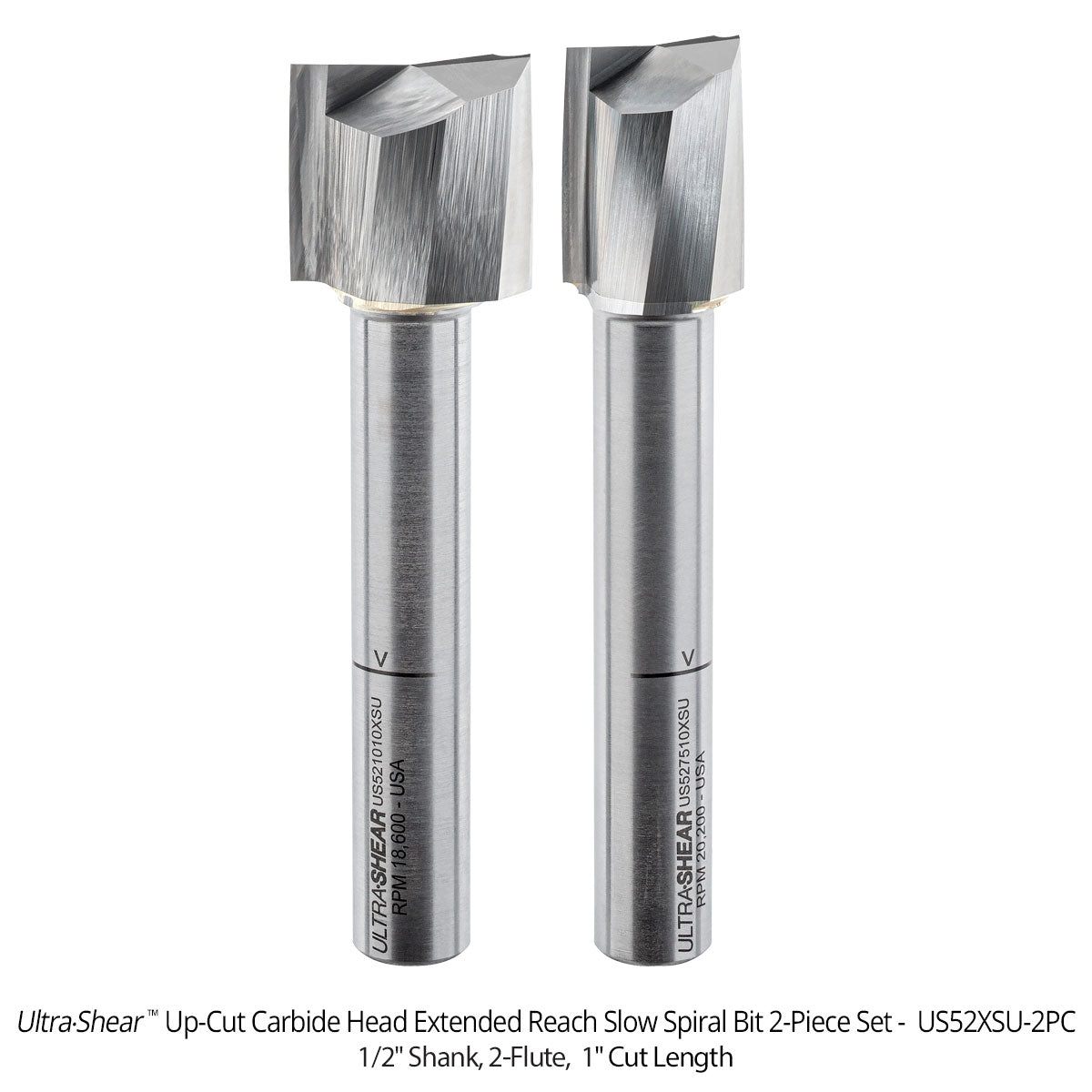 Extended Reach Up-Cut Spiral Joinery Router Bits - Carbide Head - 2 Flute - 1/2 Shank