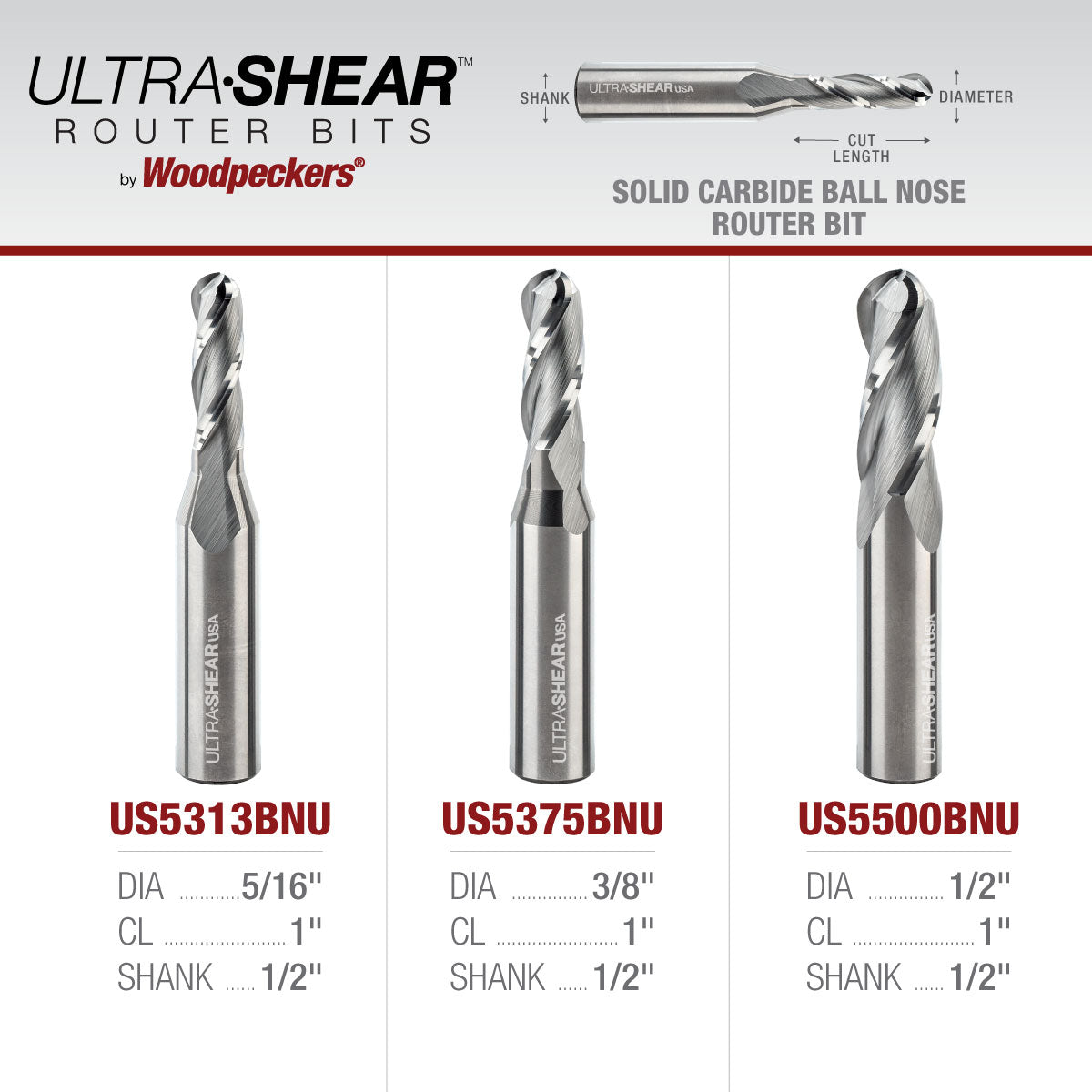 Ball Nose CNC Router Bits - Solid Carbide - 3-Flute