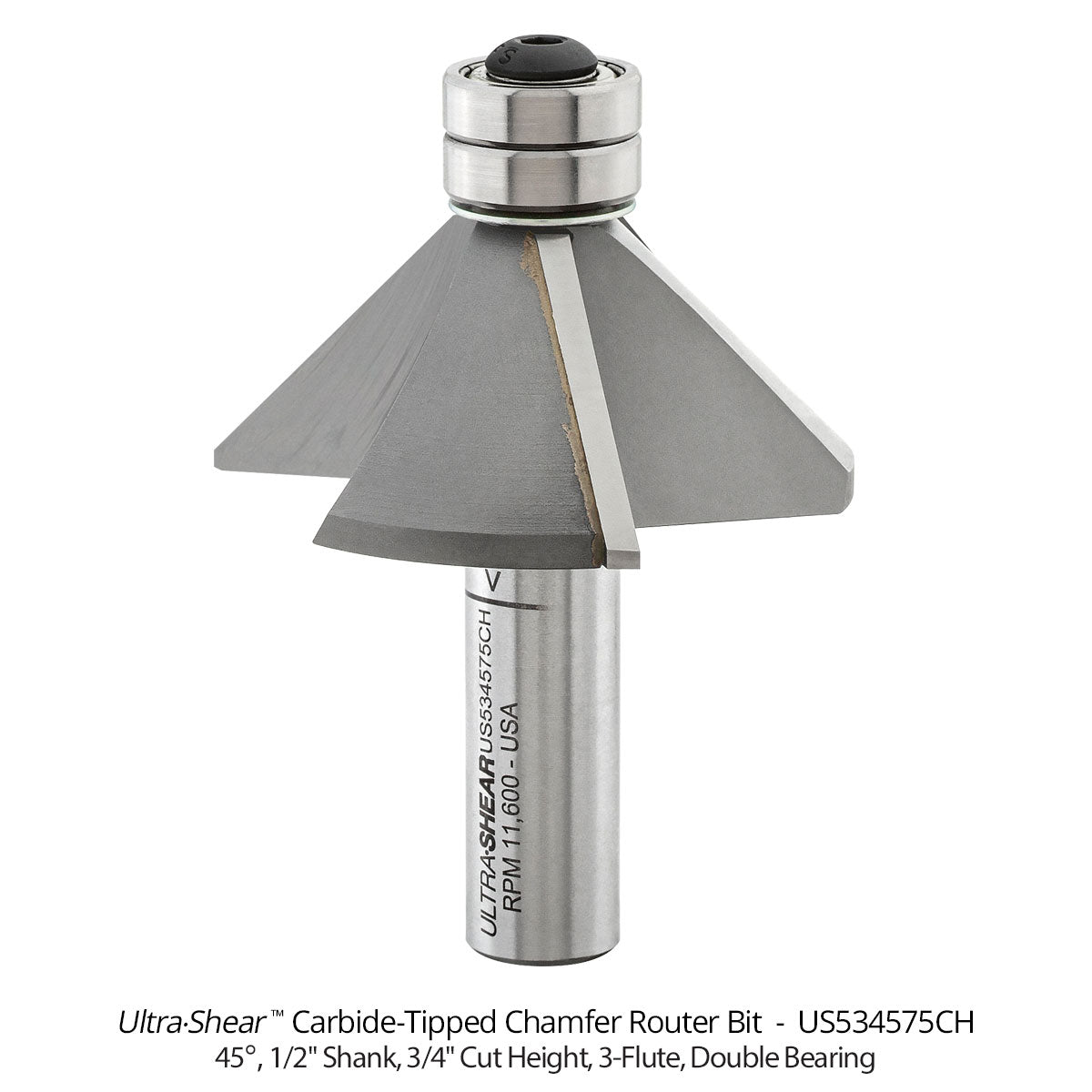 Chamfer Router Bits - 1/2 Shank - Carbide Tipped - Double Bearing