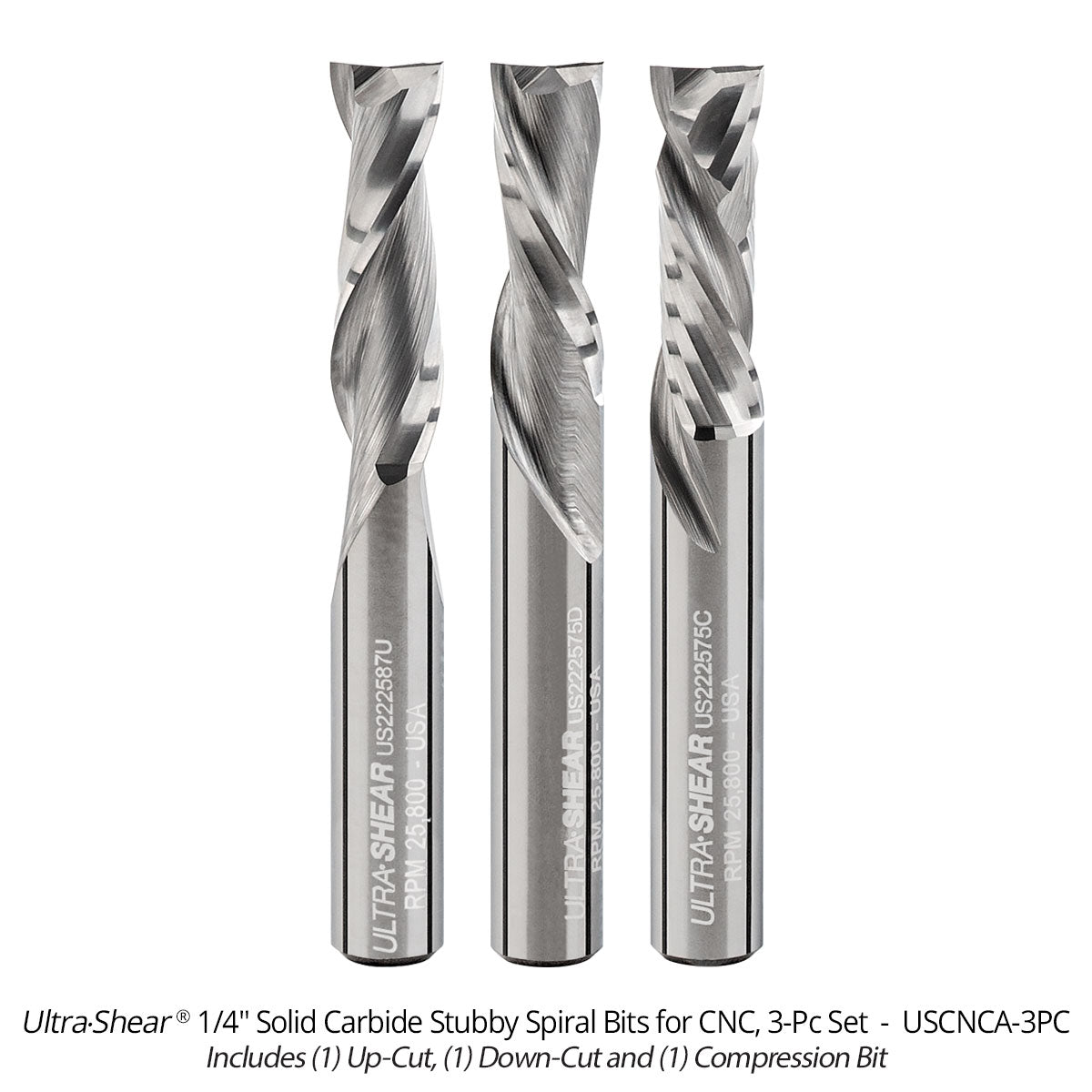 Spiral Stubby Square End CNC Router Bits - 1/4 Shank - Solid Carbide