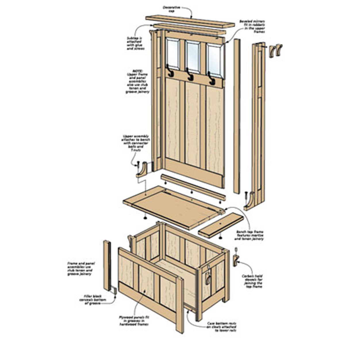 Woodsmith High-Back Hall Bench Standard Plan & Premium Shop Drawings